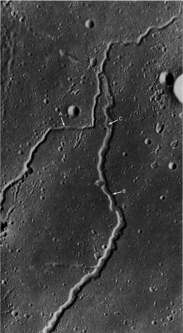 FIGURE 194. - The sinuous rilles here are part of a network controlled to some degree by fractures.