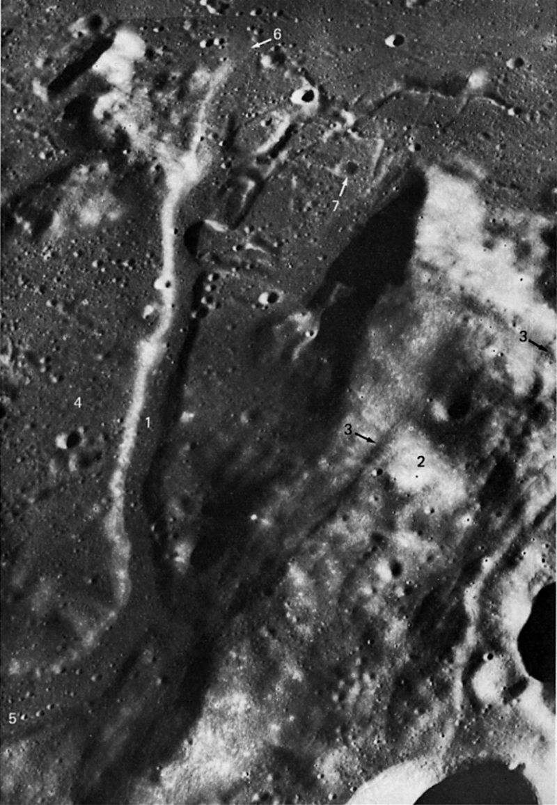 FIGURE 218. - Rima Fresnel I (1) approximately parallels the Apennine Mountain front (2) along the eastern margin of the Imbrium basin.
