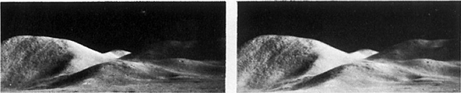 FIGURE 43. - This stereogram showing part of the Apennine Mountain chain is composed of two Hasselblad frames taken from the Moon's surface.