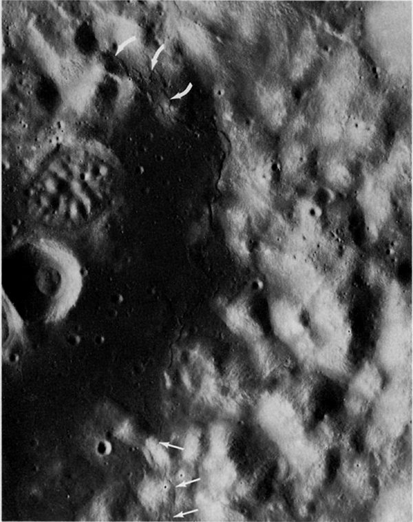 FIGURE 84. - This picture is included for several reasons. It is an example of a mare ridge on the far side of the Moon.
