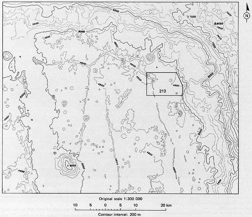 FIGURE 212. - This map, compiled of the floor of Alphonsus at a scale of 1:300000 shows an array of faults, volcanic centers, and impact craters.