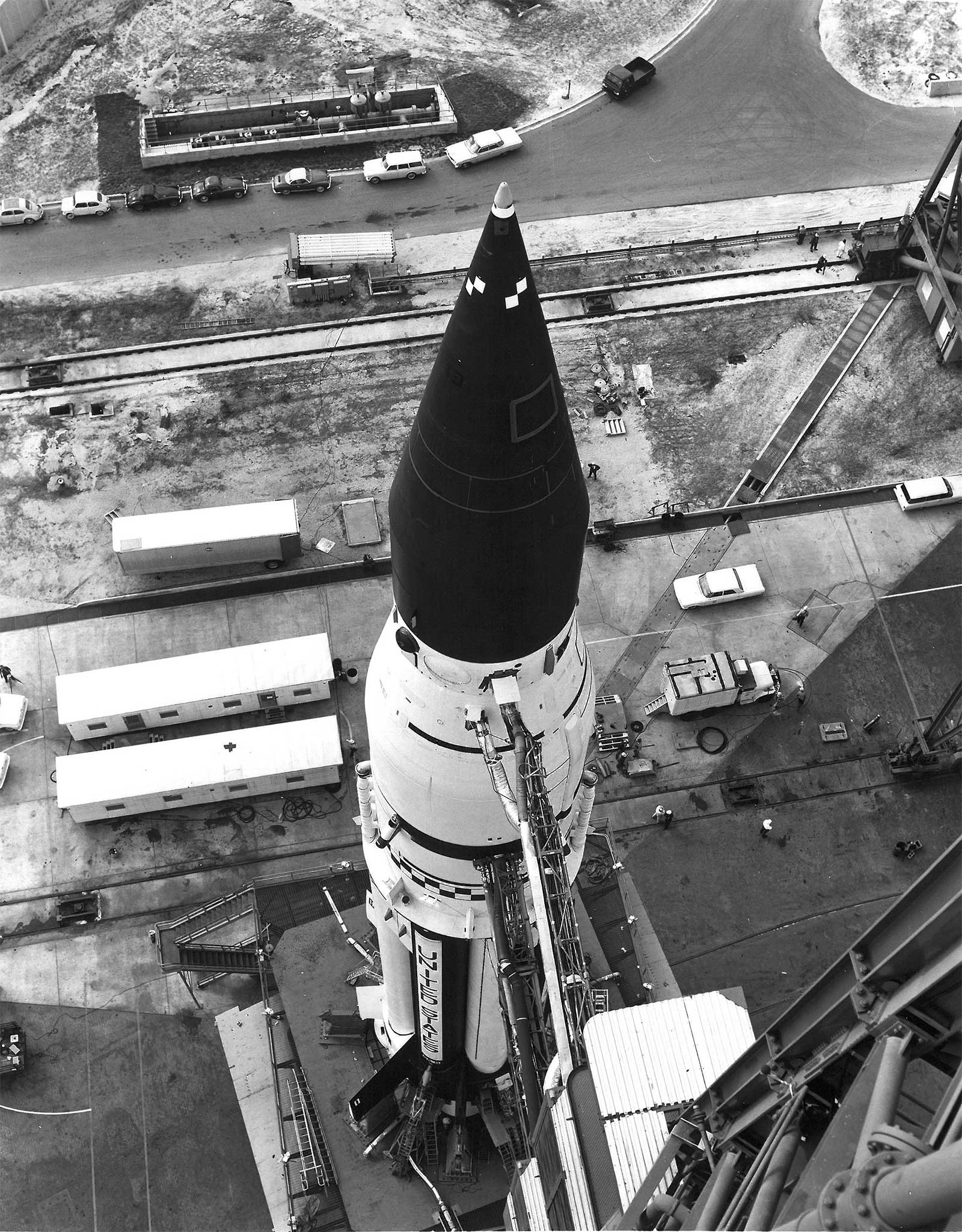 overhead view of a massive Saturn 1 rocket on the launch pad